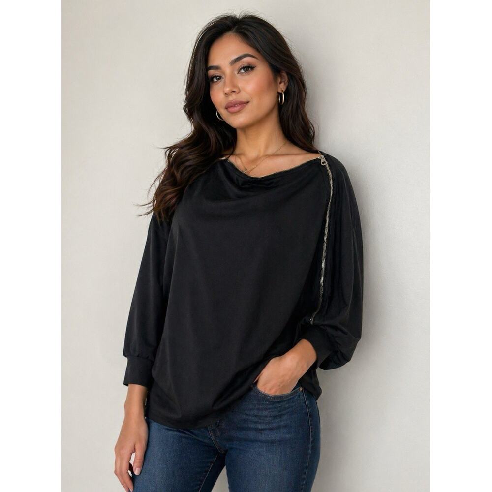 XL- Black Asymmetrical Zip Blouse – Modern Chic Top – Long Sleeve Draped Fit